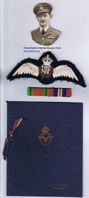 Photograph, RAF pilot’s wings, medal ribbons and an RAF Station Hawkinge card belonging to F/O Peter Hartas