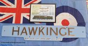 Exact copy of the nameplate of Battle of Britain Class locomotive No. 34069 Hawkinge, with a framed print of the locomotive