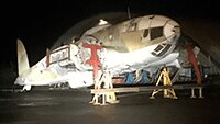 16 February 2020, meanwhile at Duxford, the Heinkel fuselage, having been undamged in storms Ciara and Dennis, still awaits transportation down to the Museum. Photo © Paul Gabb.