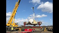 12 March 2020, Heinkel fuselage loaded onto the Welch's transporter at Duxford.