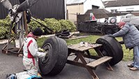 Ant and Neil cleaning up the main wheels of the CASA 2.111B / Heinkel He 111H-16.