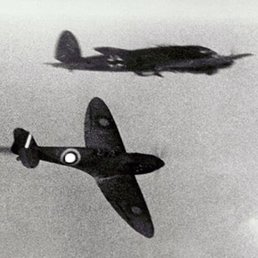 Spitfire and Luftwaffe Heinkel in combat.