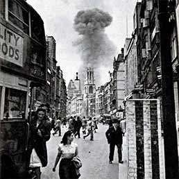 V-1 rocket exploding near Drury Lane, London 1944.